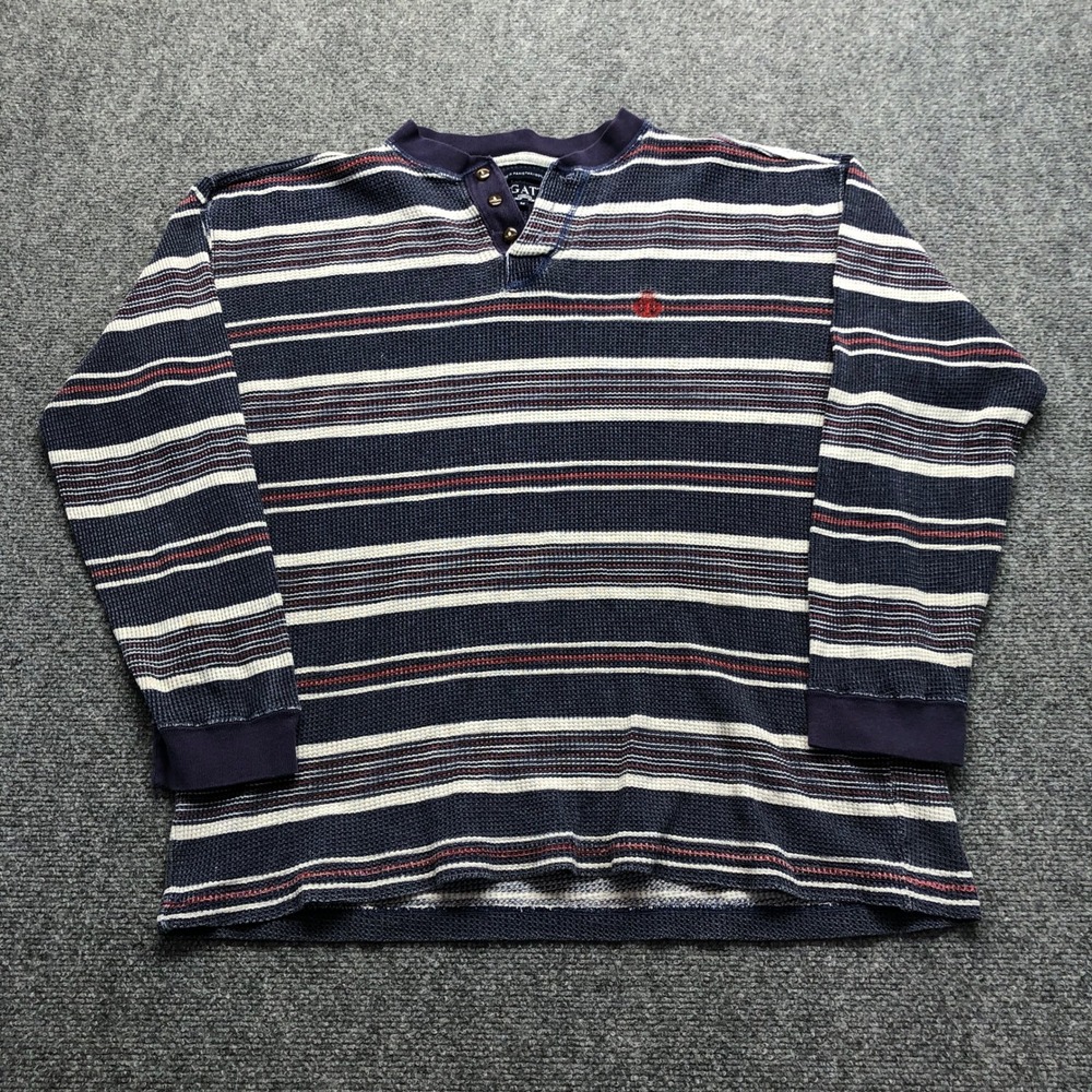 Y2K  Mens Long Sleeve Waffle Knit Henley Shirt Navy Blue Striped Thermal M